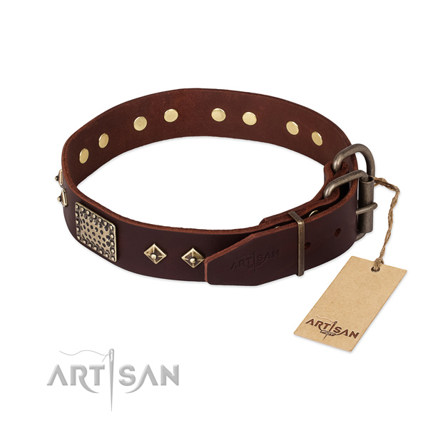 Genuine leather dog collar with rust resistant traditional buckle and decorations