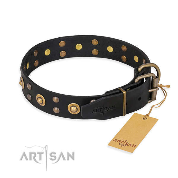 Corrosion resistant D-ring on full grain natural leather collar for your handsome doggie