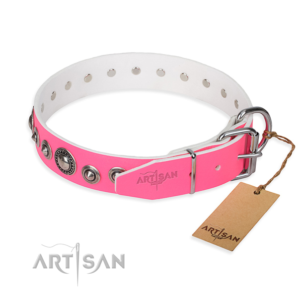 Full grain genuine leather dog collar made of gentle to touch material with corrosion proof adornments