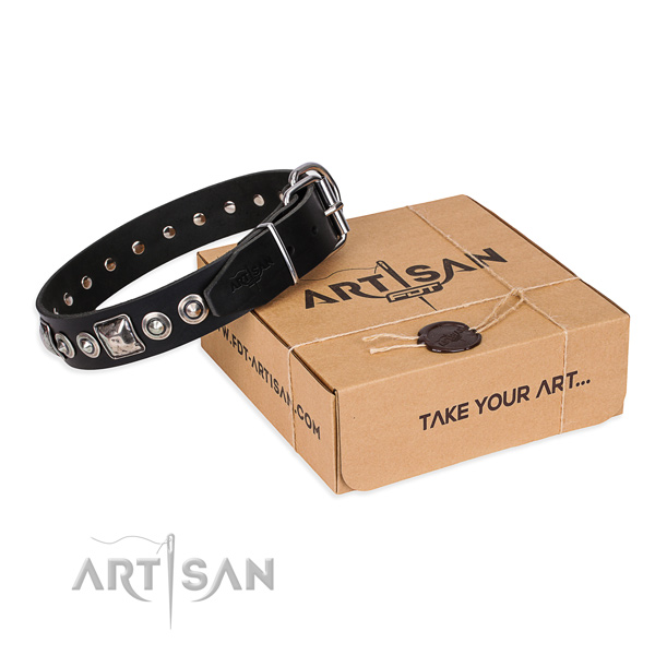 Full grain leather dog collar made of gentle to touch material with corrosion proof D-ring