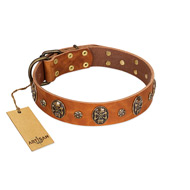 "Rockstar" FDT Artisan Tan Leather Golden Retriever Collar with Engraved Studs and Medallions