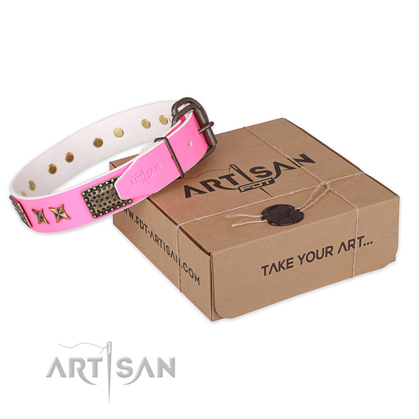 Strong buckle on natural genuine leather collar for your impressive pet