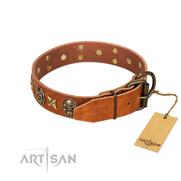 Genuine leather dog collar with reliable traditional buckle and decorations