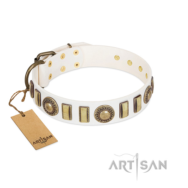 Comfortable full grain natural leather dog collar with rust-proof D-ring