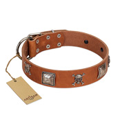 "Amorous Escapade" Embellished FDT Artisan Tan Leather Golden Retriever Collar with Chrome Plated Crossbones and Plates