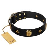 "Star Powder" FDT Artisan Black Leather Golden Retriever Collar with Ovals and Stars - 1 1/2 inch Wide