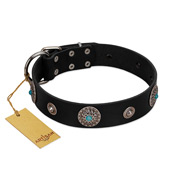 "Blue Gems" FDT Artisan Black Leather Golden Retriever Collar with Chrome Plated Studs and Conchos