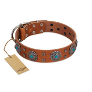 "Blue Sands" FDT Artisan Tan Leather Golden Retriever Collar with Silver-like Studs and Round Conchos with Stones