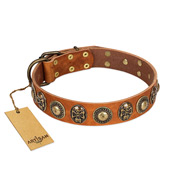 "Golden Epoch" FDT Artisan Tan Leather Golden Retriever Collar with Old Bronze-plated Medallions and Conchos