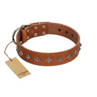 "Broadway" Handmade FDT Artisan Tan Leather Golden Retriever Collar with Dotted Pyramids