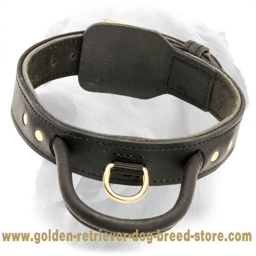 Simple Design Leather Golden Retriever Collar with Handle and Fur Saving Plate