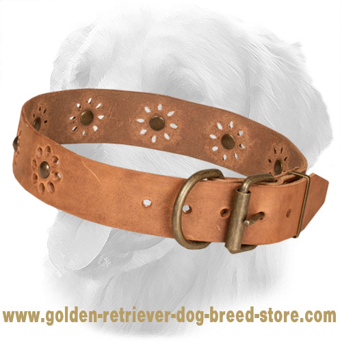 Flower Design Leather Golden Retriever Collar with Studs and Punched Holes