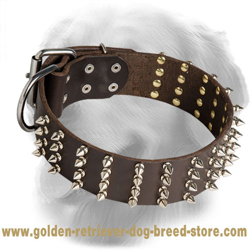 2 Inch Leather Golden Retriever Collar with 4 Rows of Spikes