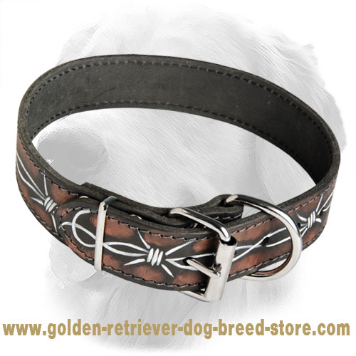 Handpainted Golden Retriever Leather Collar with Barbed Wire Drawing