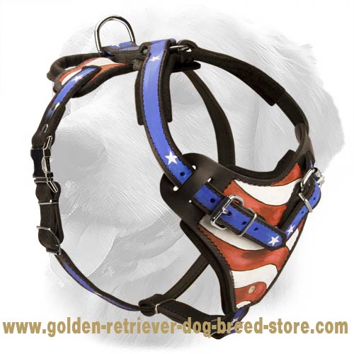 Golden Retriever Leather Dog Harness with American Flag Drawing