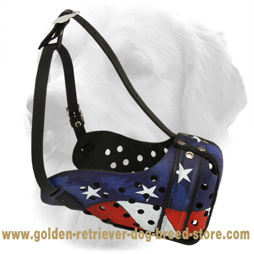 Designer Leather Golden Retriever Muzzle with American Flag Painting