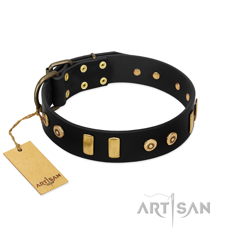 "Rare Dog" FDT Artisan Black Leather Golden Retriever Collar with Old Bronze-like Dotted Studs and Tiles