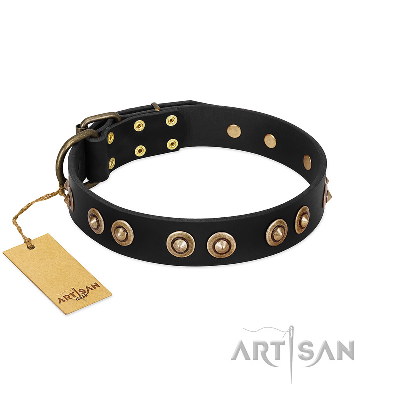 "Golden Artifact" FDT Artisan Black Leather Golden Retriever Collar with Old-bronze Covered Medallions