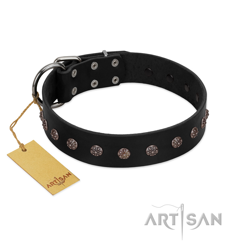 "Flower Rhapsody" FDT Artisan Premium Quaulity Black Leather Golden Retriever Collar