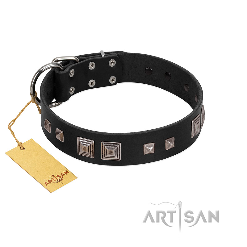 "Foregone Riches" FDT Artisan Black Leather Golden Retriever Collar with Old Silver-like Square Studs and Pyramids