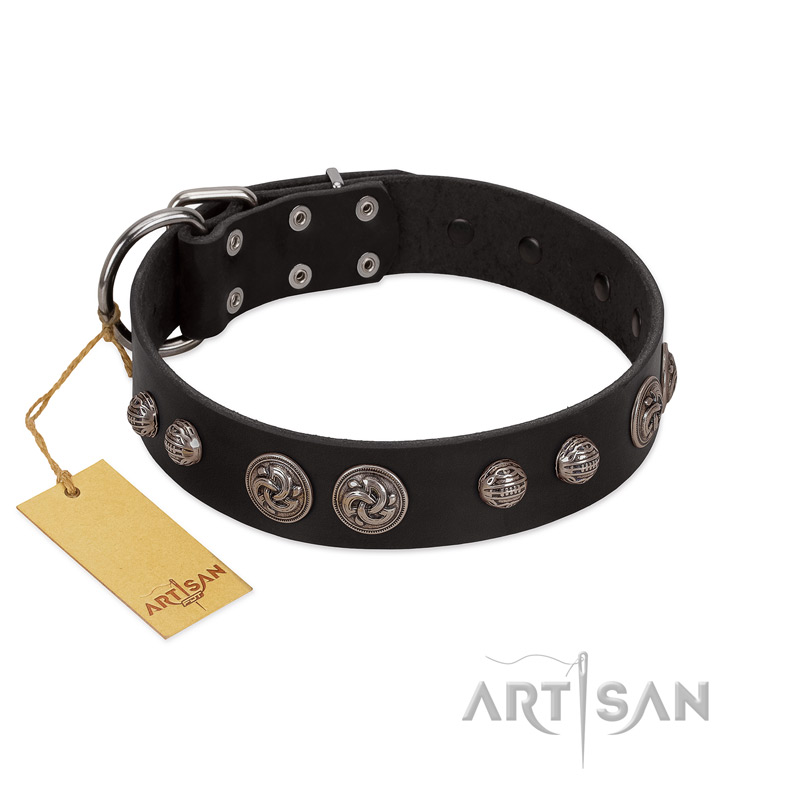"Tricky Ricky" FDT Artisan Black Leather Golden Retriever Collar Adorned with Silver-Like Conchos