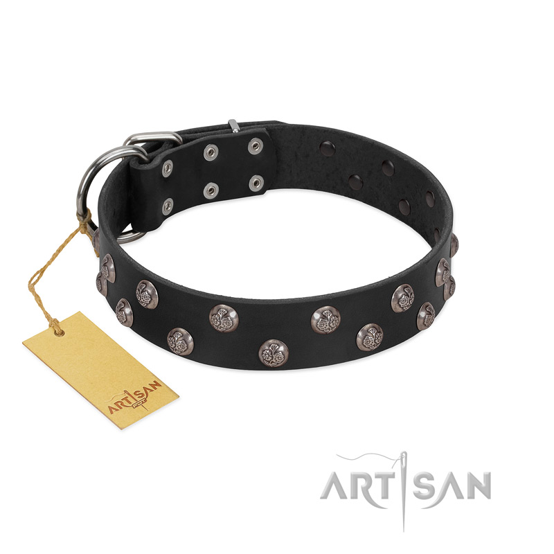 "Power-Flower" FDT Artisan Black Leather Golden Retriever Collar with Two Rows of Silver-like Studs with Engraved Flowers - Click Image to Close