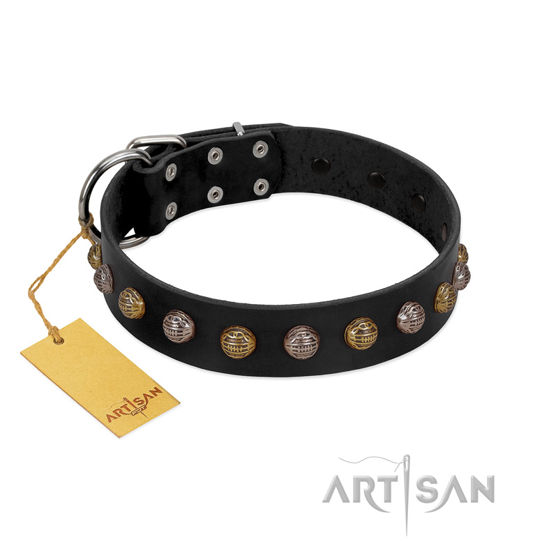 "Inky Prettification" FDT Artisan Black Leather Golden Retriever Collar with One Row of Studs