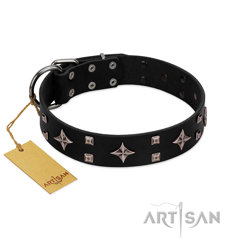 "Snappy Dresser" FDT Artisan Black Leather Golden Retriever Collar Adorned with Stars and Tiny Squares
