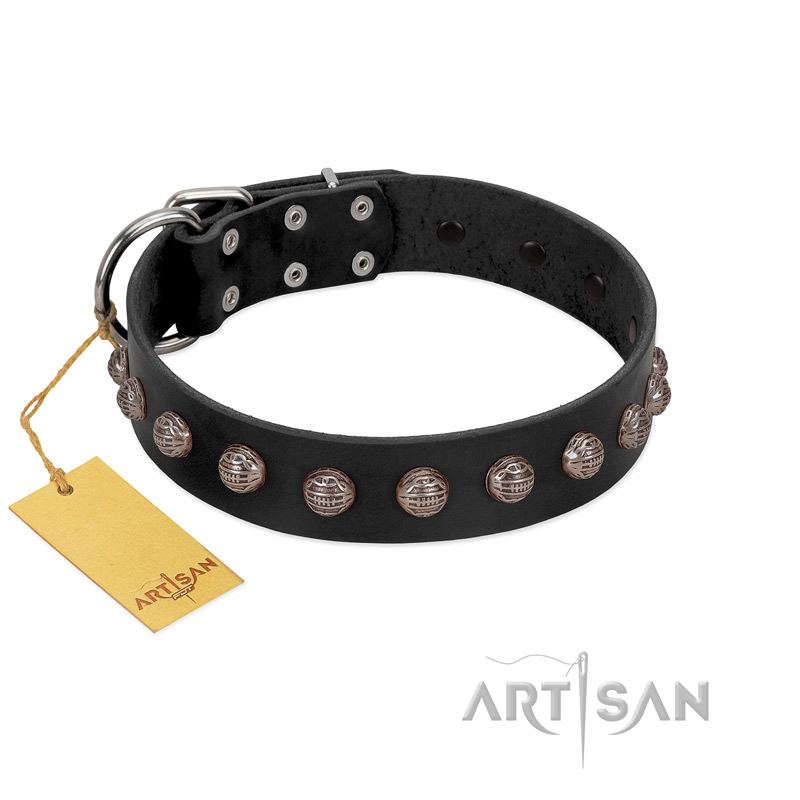 "Bizarre Affection" Designer Handmade FDT Artisan Black Leather Golden Retriever Collar