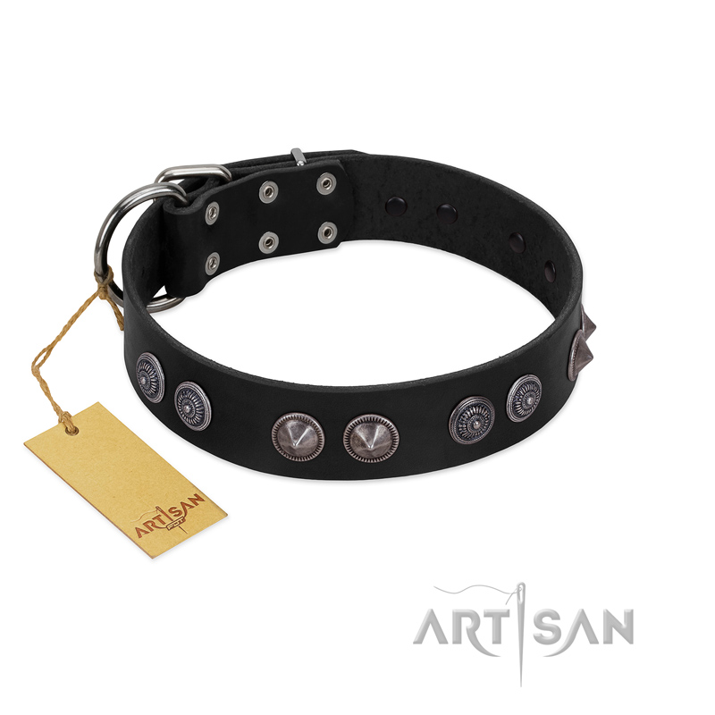 "Silver Medallions" Mod FDT Artisan Black Leather Golden Retriever Collar with Round Plates