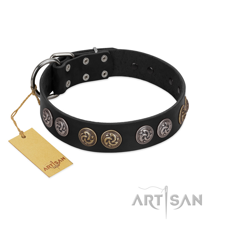 "Mister Exclusive" Designer FDT Artisan Black Leather Golden Retriever Collar with Medallions