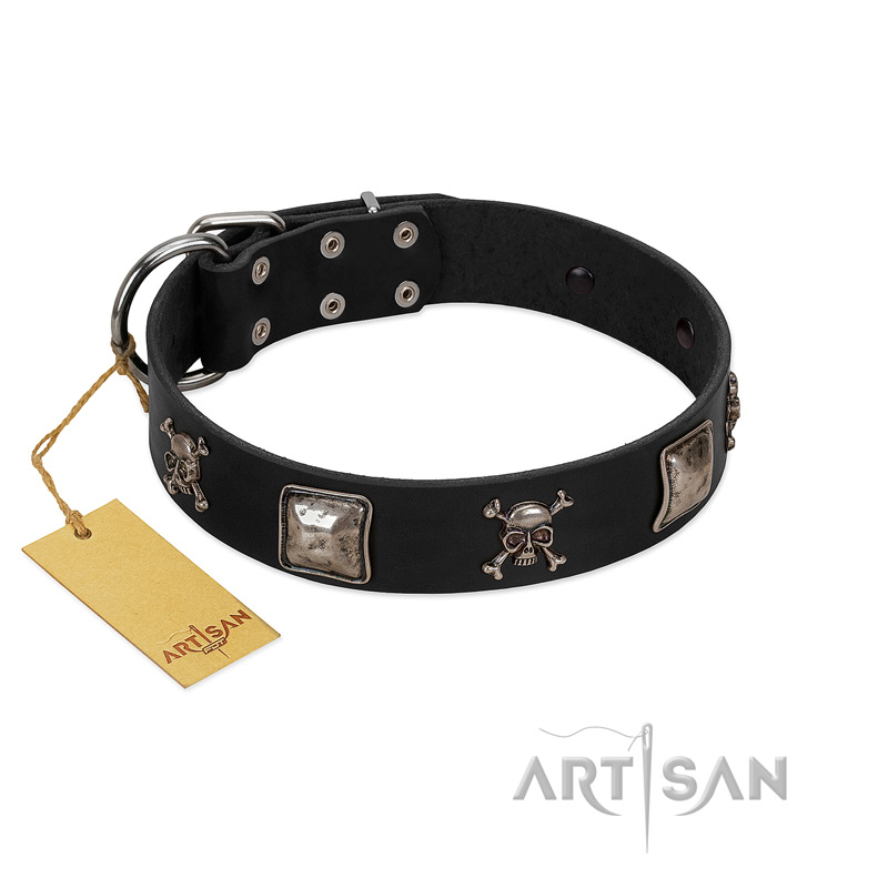 "Sea Rover" Embellished FDT Artisan Black Leather Golden Retriever Collar with Chrome Plated Crossbones and Plates