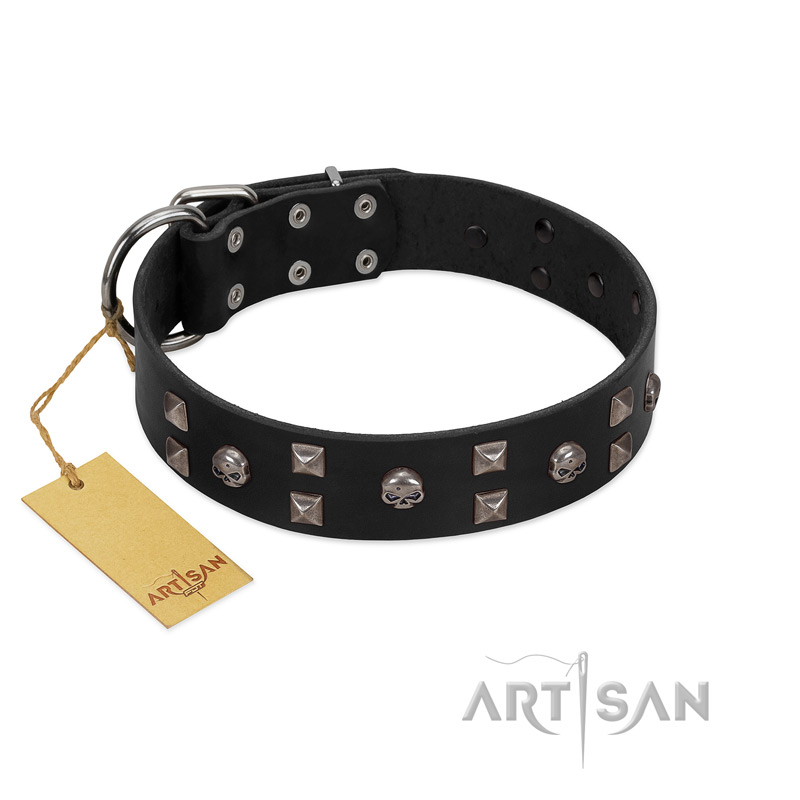 "Fire Eyes" Designer Handmade FDT Artisan Black Leather Golden Retriever Collar