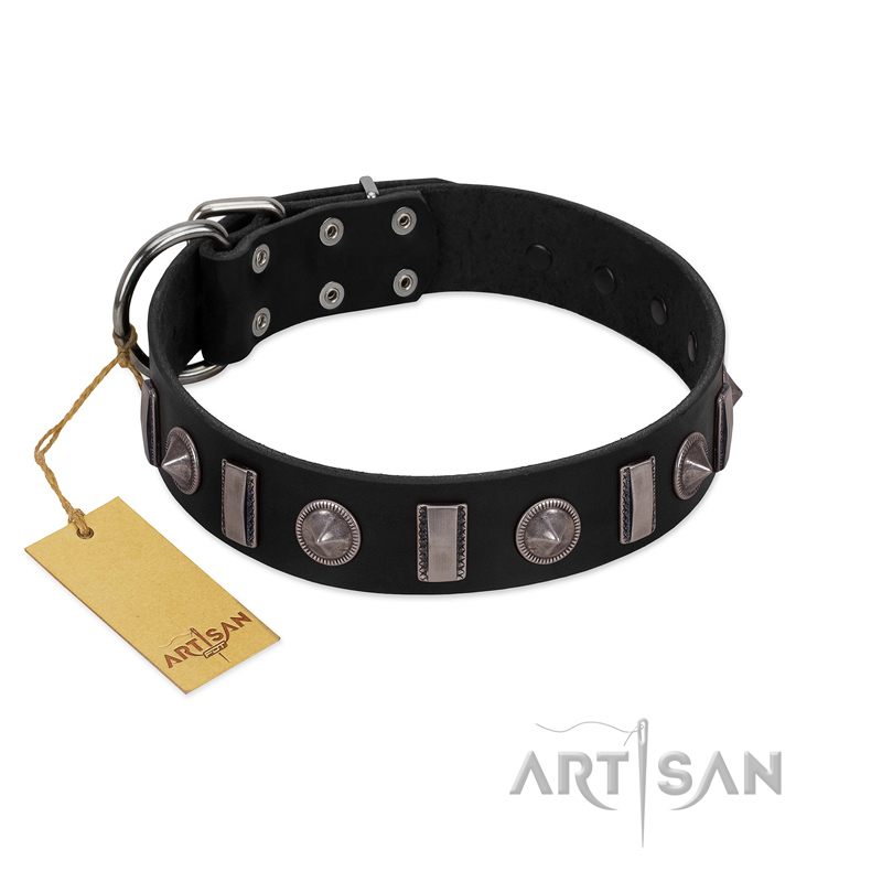 "Silver Spikes" Exclusive FDT Artisan Black Leather Golden Retriever Collar