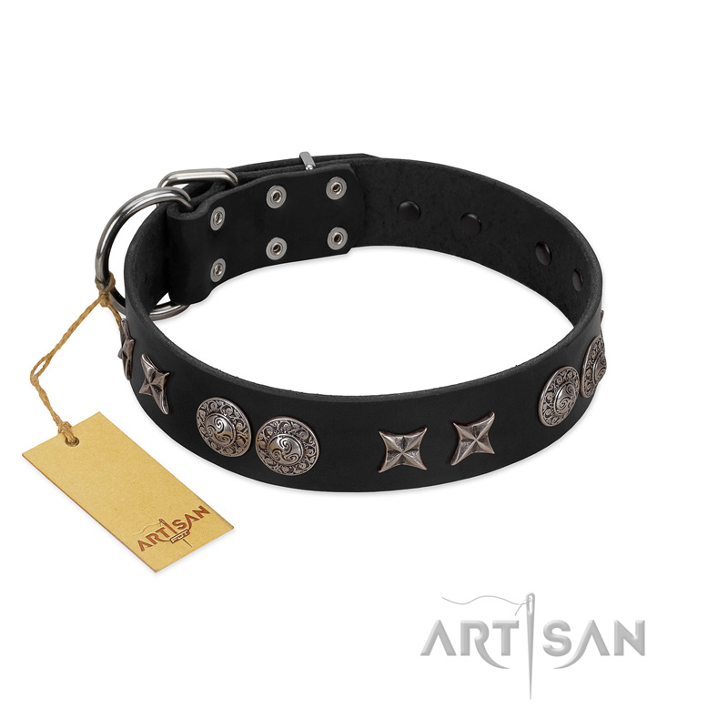 "Scythian Silver" Stylish Handmade FDT Artisan Black Leather Golden Retriever Collar