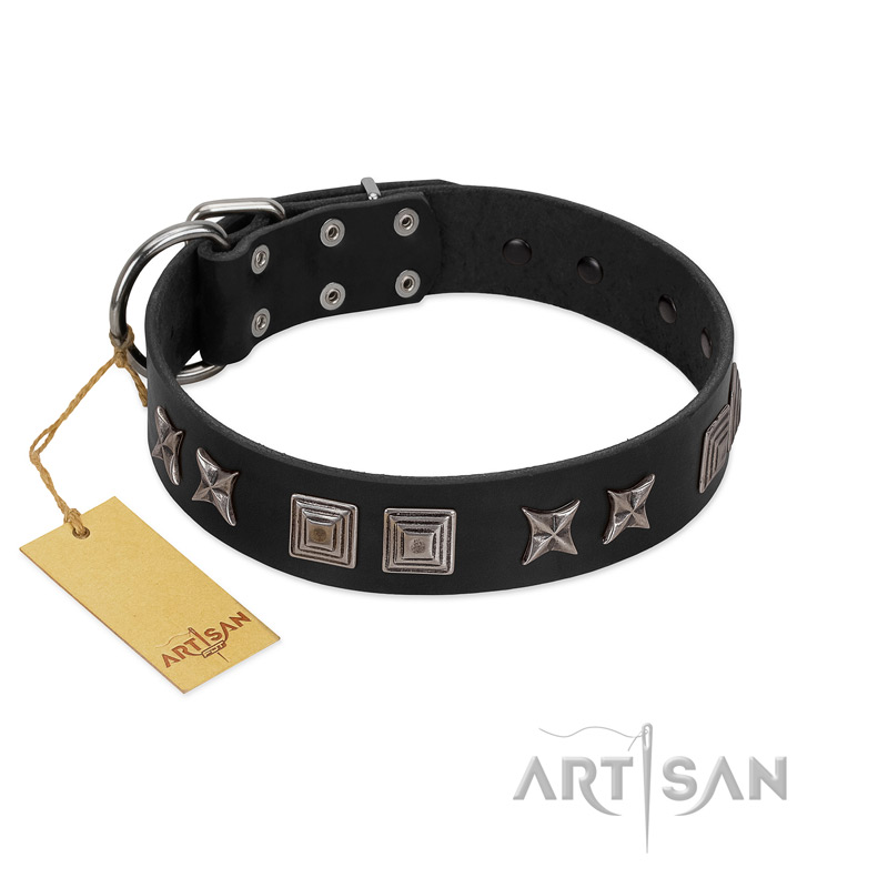 "Silver River" Designer Handmade FDT Artisan Black Leather Golden Retriever Collar