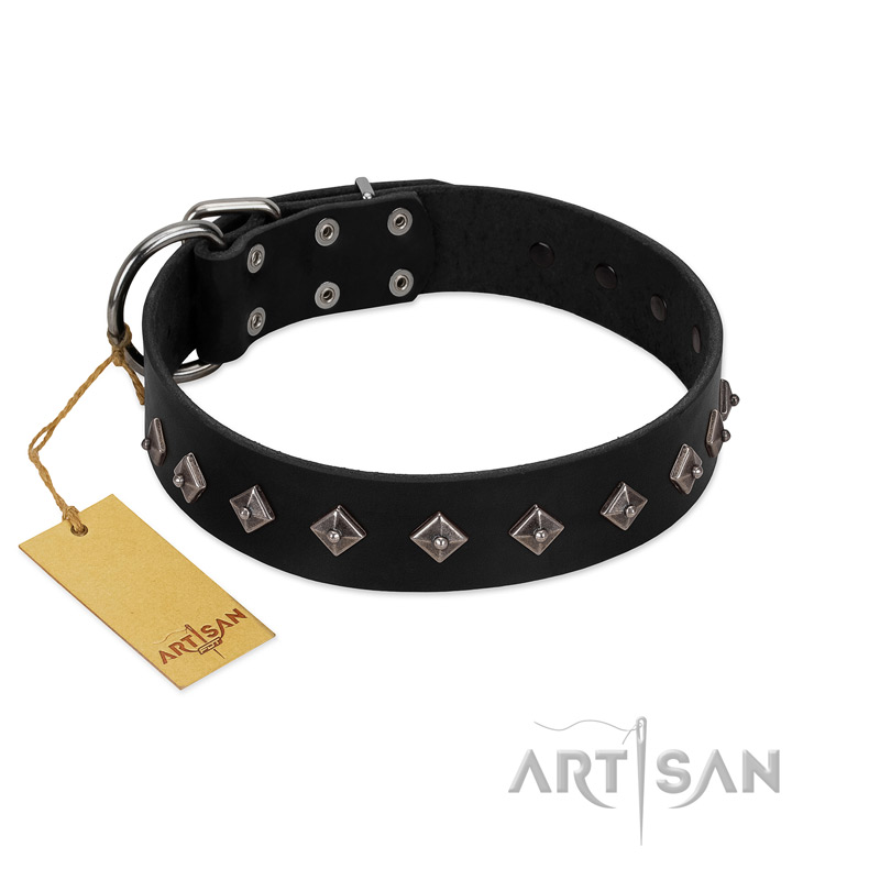 "Immense Power" Handcrafted FDT Artisan Black Leather Golden Retriever Collar with Small Dotted Pyramids