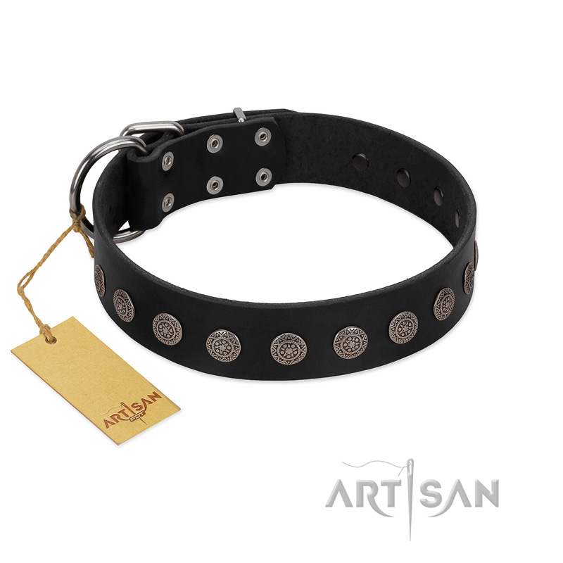 "Silent Star" Handmade FDT Artisan Designer Black Leather Golden Retriever Collar with Engraved Plates