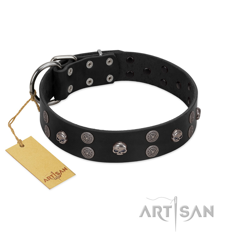 "Skull Art" Designer Handmade FDT Artisan Black Leather Golden Retriever Collar with Skulls