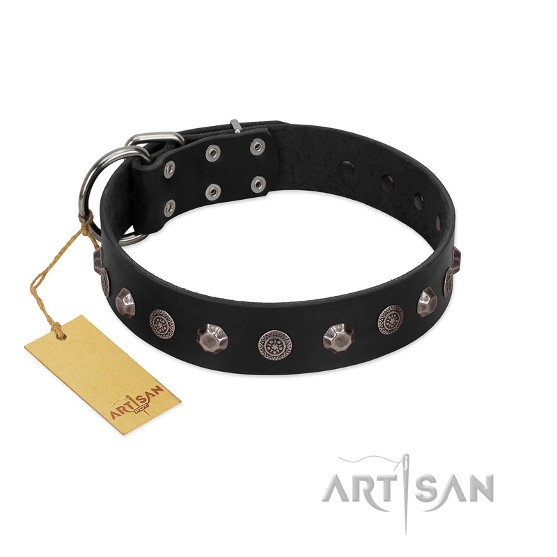 "Black Knight" Handmade FDT Artisan Black Leather Golden Retriever Collar with Silver-Like Studs - Click Image to Close