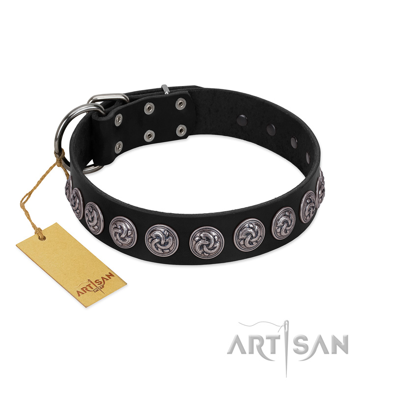 "Black Raven" Handmade FDT Artisan Black Leather Golden Retriever Collar with Silver-Like Adornments