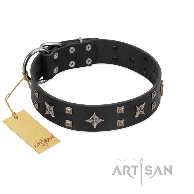 "Star Excitement" Modern FDT Artisan Black Leather Golden Retriever Collar with Studs and Stars
