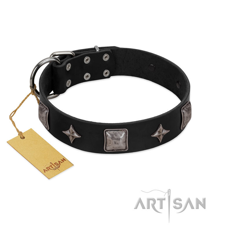 "Black Cavalier" Handmade FDT Artisan Black Leather Golden Retriever Collar with Silver-Like Stars and Large Plates