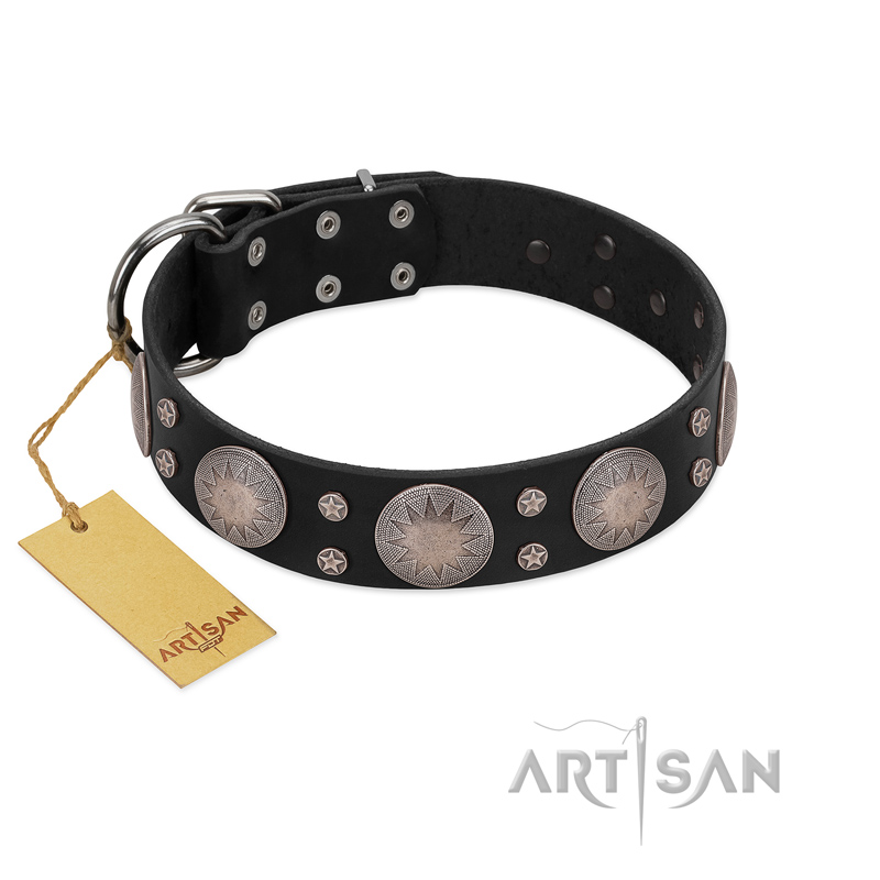 "Starry Sky" Trendy FDT Artisan Black Leather Golden Retriever Collar with Large Brooches