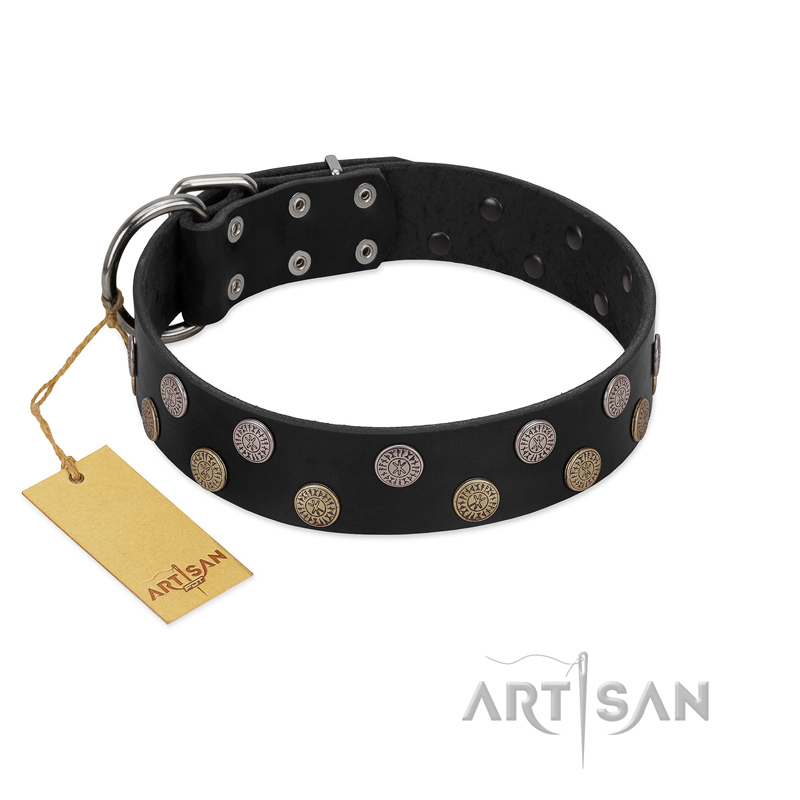 "Egyptian Style" Handcrafted FDT Artisan Black Leather Golden Retriever Collar with Medallions