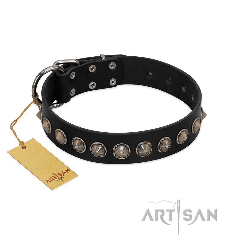 "Black Eagle" Handcrafted FDT Artisan Black Leather Golden Retriever Collar with Silver-Like Adornments