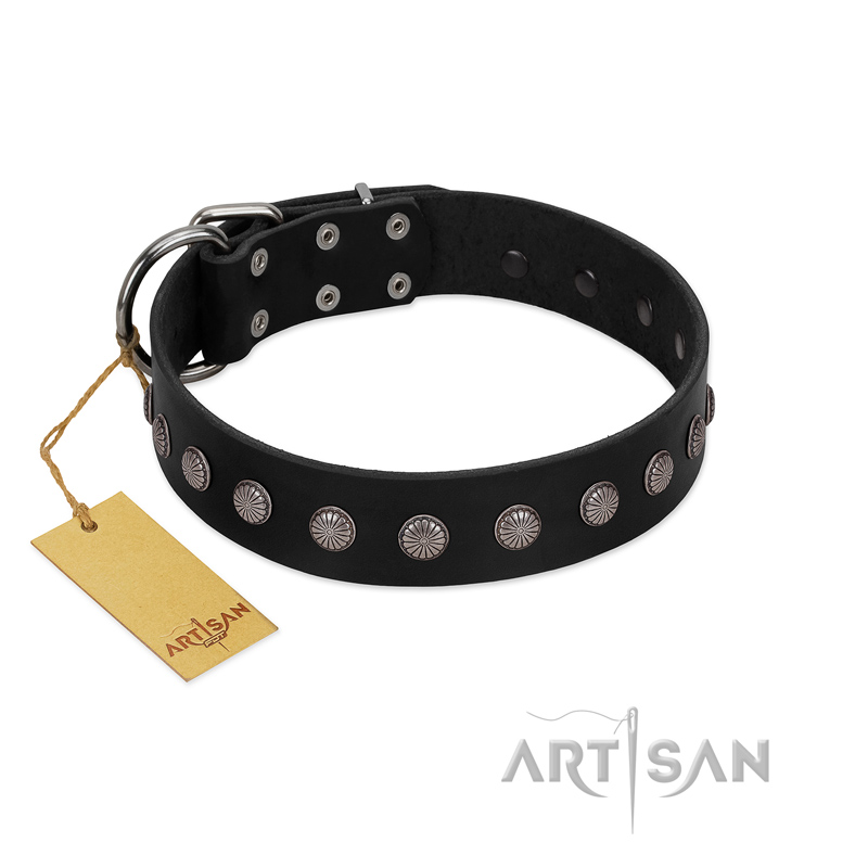 "Silver Flower" Exclusive FDT Artisan Black Leather Golden Retriever Collar with Silver-Like Studs