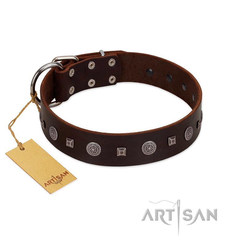 "Pure Sensation" Exclusive FDT Artisan Brown Leather Golden Retriever Collar with Fancy Brooches and Studs