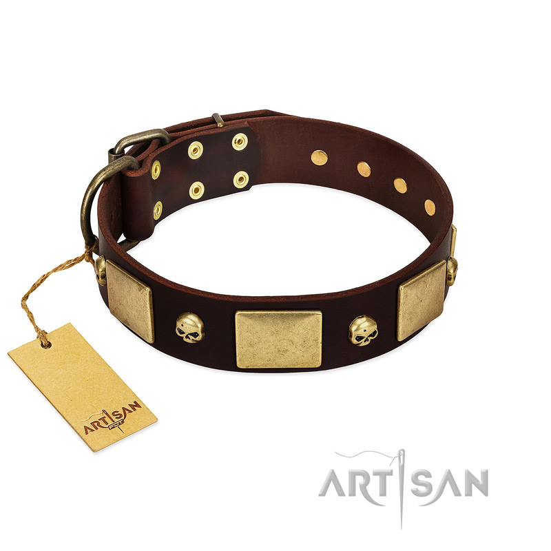 "Heavy Metal" FDT Artisan Brown Leather Golden Retriever Collar with Old Bronze-like Skulls and Plates
