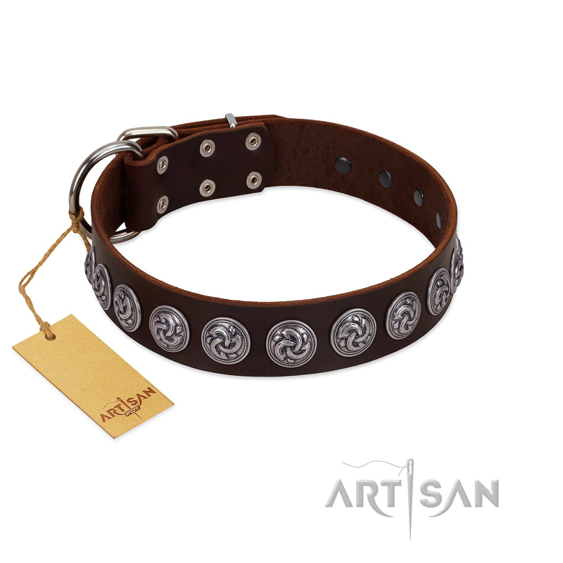 "Charming Circles" FDT Artisan Brown Leather Golden Retriever Collar with Silver-like Studs